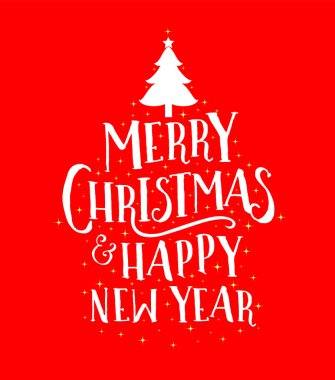 Neşeli Noel ve mutlu yeni yıl tebrik kartı, afiş, poster ve davet için tasarım yazı. Vektör illüstrasyon izole kırmızı zemin üzerine.