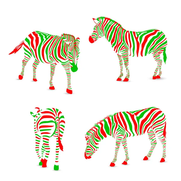 Ensemble Zèbres Colorés Texture Animale Sauvage Rayures Rouges Vertes Illustration — Image vectorielle