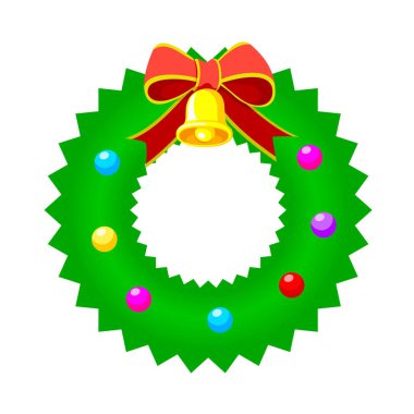 Noel çelenk şerit ve bell ile. Mutlu Noeller ve mutlu yeni yıl. Kapıdaki, vektör illüstrasyon izole beyaz arka plan üzerinde çelenk.