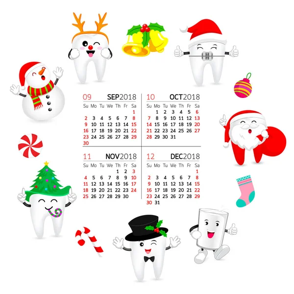 Lindo Personaje Dientes Dibujos Animados Forma Círculo Fecha Del Calendario — Vector de stock