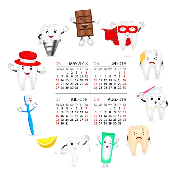 Lindo Personaje Dientes Dibujos Animados Forma Círculo Fecha Del Calendario — Archivo Imágenes Vectoriales