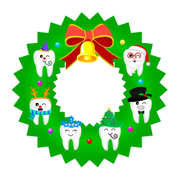 Mignon Personnage Dent Dessin Animé Mis Forme Cercle Joyeux Noël — Image vectorielle