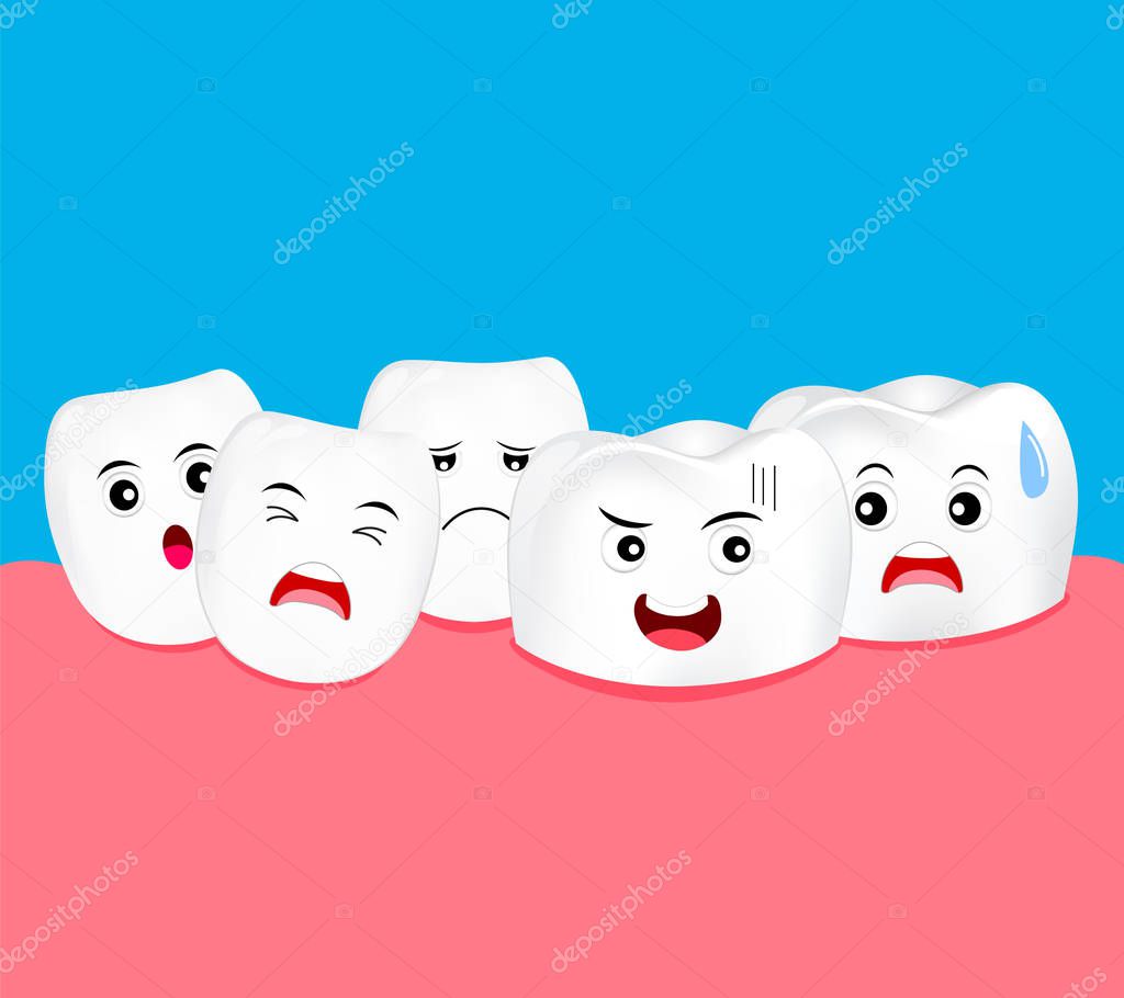 Cartoon tooth character crowding. Dental problem concept, illustration. 