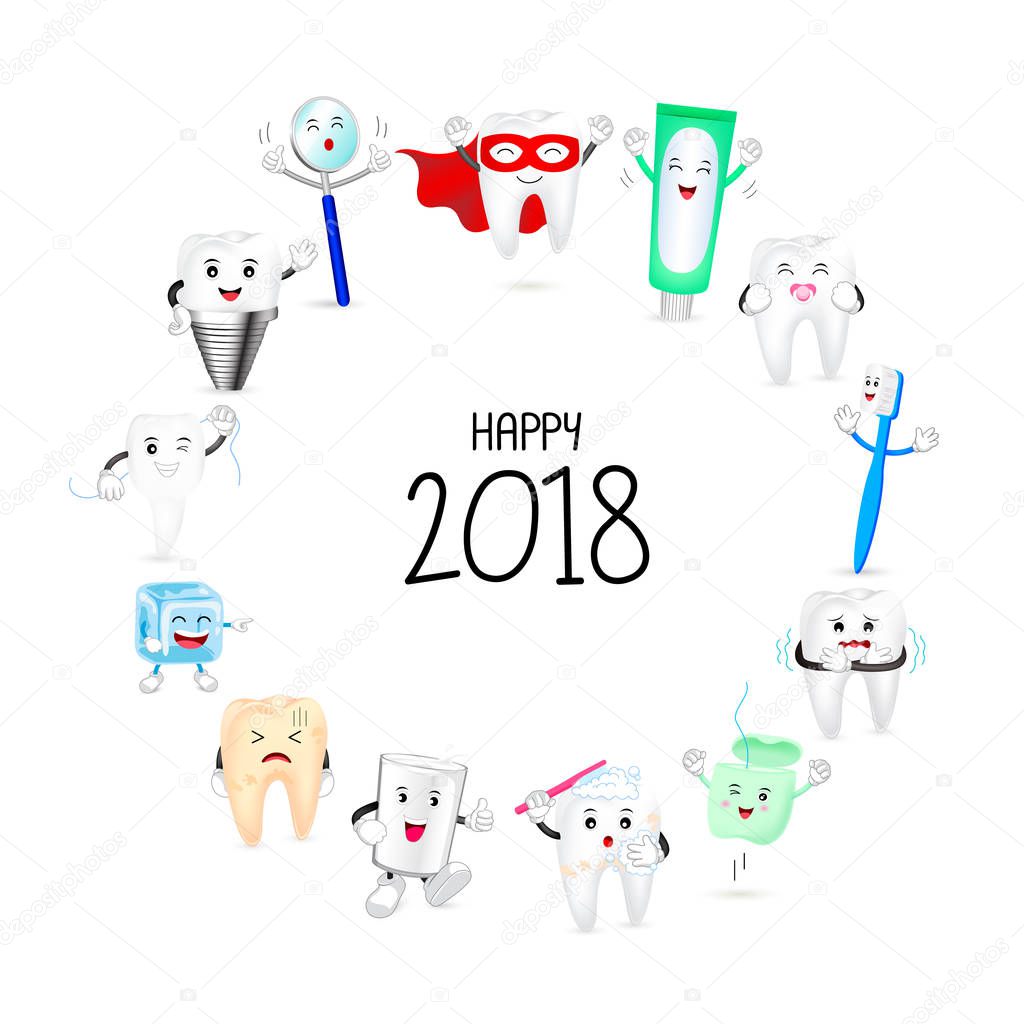 Cute cartoon tooth character set on circle shape. Happy new year of twenty eighteen. Dental care concept.  Illustration isolated on white background.