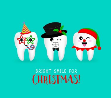 Noel diş karakter kümesi. İfadeler yüz ifadeleri. Komik diş bakımı kavramı. İllüstrasyon izole yeşil arka plan üzerinde.