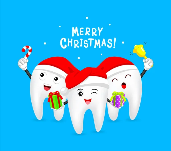 Sevimli çizgi diş karakter giyen Santa şapka Tasarla. Neşeli Noel ve mutlu yeni yıl kavramı. İllüstrasyon izole mavi arka plan üzerinde.