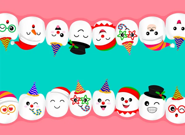 Reihe Von Neujahrsfeiern Zahn Zeichen Emoticons Mimik Lustiges Zahnpflegekonzept Abbildung — Stockvektor