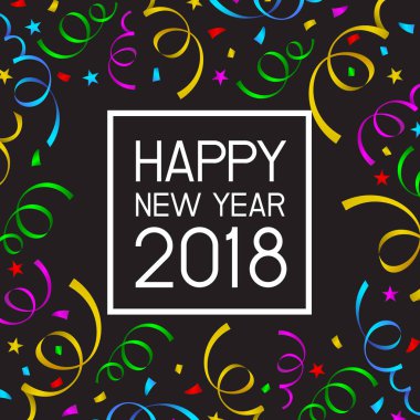 Beyaz yirmi sekiz renkli kutlama arka plan ile yazı mutlu yeni yıl. Kağıt konfeti ile. İllüstrasyon izole siyah arka plan üzerine. Kutlama için tasarım.