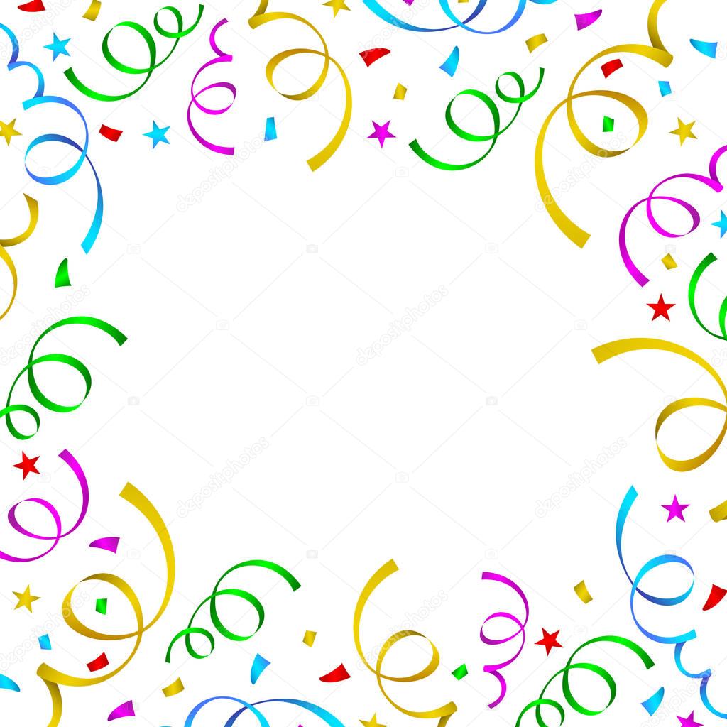 Colorful celebration background. Paper and ribbon with confetti. Vector Illustration isolated on white background.