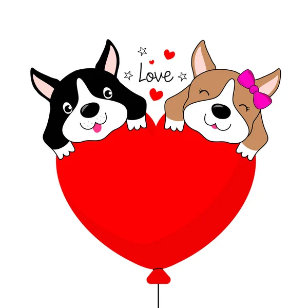 Lustige Zeichentrickfiguren Zwei Herzförmige Ballons Verliebte Hunde Vektor Illustration Isoliert — Stockvektor
