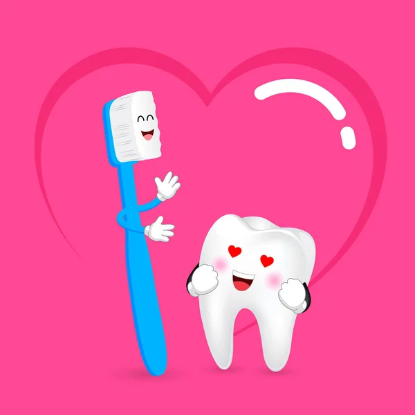 Χαριτωμένο Κινούμενα Οδοντόβουρτσα Και Δόντι Στην Αγάπη Οδοντιατρική Φροντίδα Έννοια — Διανυσματικό Αρχείο