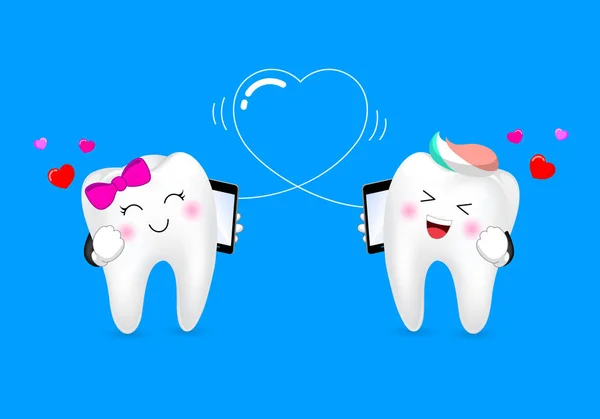 Cute Cartoon Tooth Character Boy Girl Talking Phone Love Emotion — Stock Vector