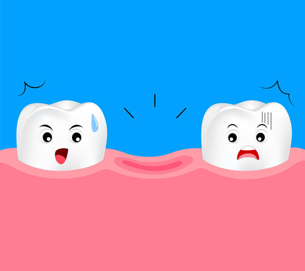 Dental cartoon of missing tooth. Cute cartoon dental care concept. Illustration isolated on blue background.