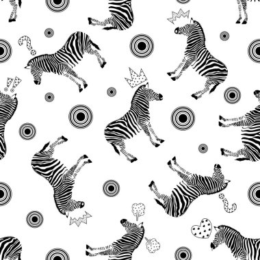 Zebra duygusal çizgi film öğesi ile seamless modeli. Vahşi hayvan doku. Çizgili siyah ve beyaz. moda kumaş doku tasarım, illüstrasyon vektör. Beyaz arka plan üzerinde izole.