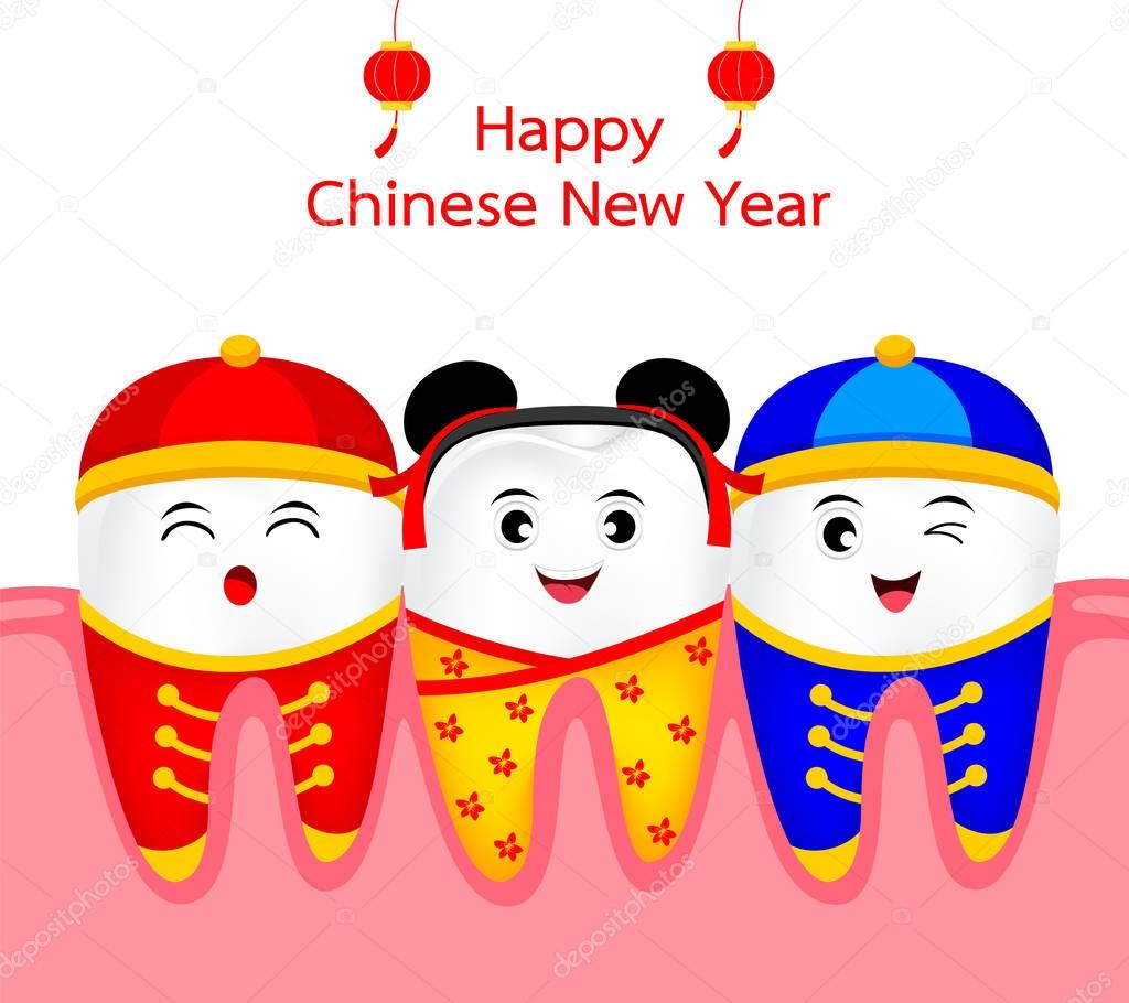 Cute cartoon tooth character wearing Chinese costume. Happy Chinese New Year concept, illustration.