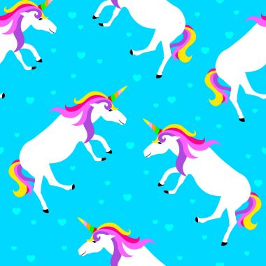 Şirin sihirli Unicorn seamless modeli. Çizgi film fantezi hayvan. Vektör çizim üzerinde mavi arka plan izole. Rüya sembol. Çocuklar için tasarım.