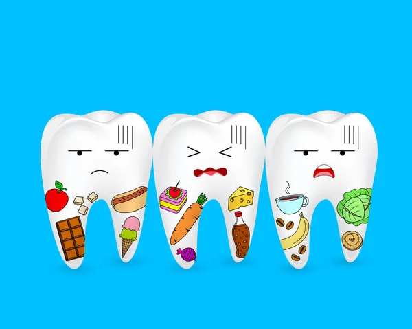 Traurige Cartoon Zahnfigur Mit Essen Menschliches Zahnproblem Zahnärztliches Pflegekonzept Abbildung — Stockvektor