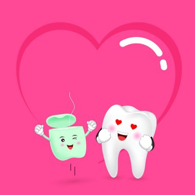 Sevimli çizgi diş ipi ve diş aşık. Diş Bakımı kavramı. Sevgililer günün kutlu olsun. Arka plan illüstrasyon kalp.