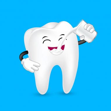 Sevimli çizgi diş karakter süt içme. Sağlık, diş bakımı kavramı rendeleyin. İllüstrasyon izole mavi arka plan üzerinde.