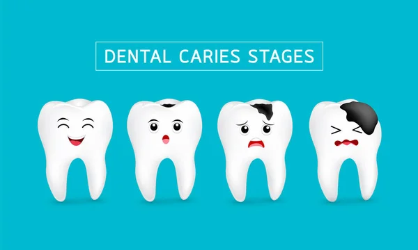 Lindo Personaje Dientes Dibujos Animados Muestran Etapas Desarrollo Caries Concepto — Archivo Imágenes Vectoriales