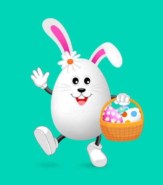 Lindo Conejo Ovalado Carácter Celebración Cesta Huevos Pascua Feliz Concepto — Vector de stock