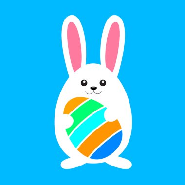 Tatlı bunny Paskalya yumurtaları tutarak. Mutlu Paskalya günü kavramı, vektör illüstrasyon izole mavi arka plan üzerinde.