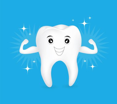 Sağlıklı diş karakter kas gülen yüz ile gösterilen. Diş Bakımı kavramı. İllüstrasyon izole mavi arka plan üzerinde.