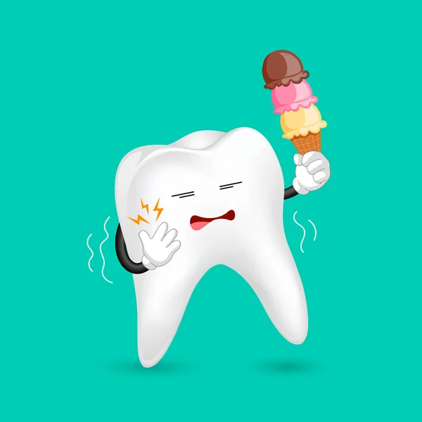 Cute Cartoon Sensitive Tooth Character Holding Ice Cream Cold Sensitivity — Stock Vector