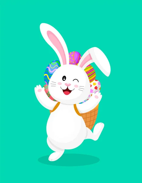 Lindo Conejo Blanco Dibujos Animados Con Mochila Huevos Pascua Caza — Vector de stock