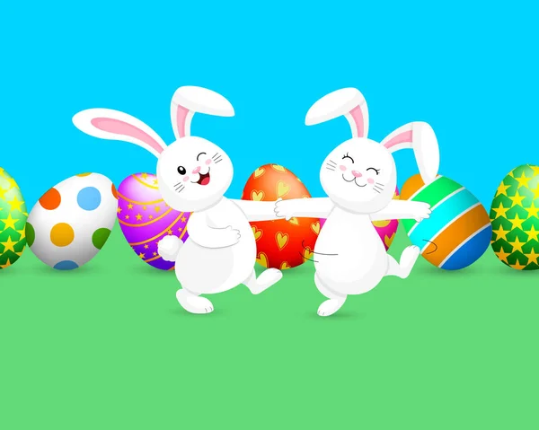Conejo Blanco Bailando Con Fondo Huevos Pascua Lindo Conejito Diseño — Vector de stock