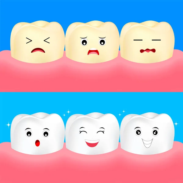 Niedlichen Karikatur Weißen Und Gelben Zähnen Vor Und Nach Der — Stockvektor