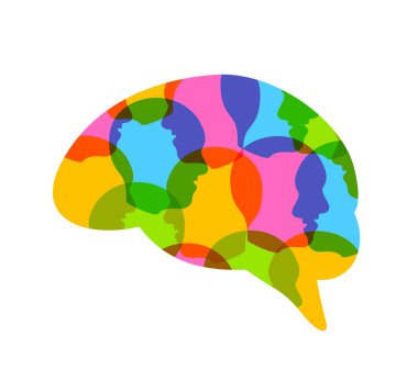 İnsan beyni şekli insanlarda renkli başkanı. Yaratıcı bir fikir sembolü. Simgesi tasarım, illüstrasyon izole beyaz arka plan üzerinde.