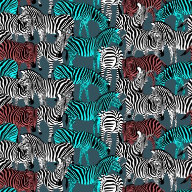 Renkli zebra seamless modeli. Vahşi hayvan doku. Çizgili siyah ve renkler. moda kumaş doku tasarım, illüstrasyon vektör.