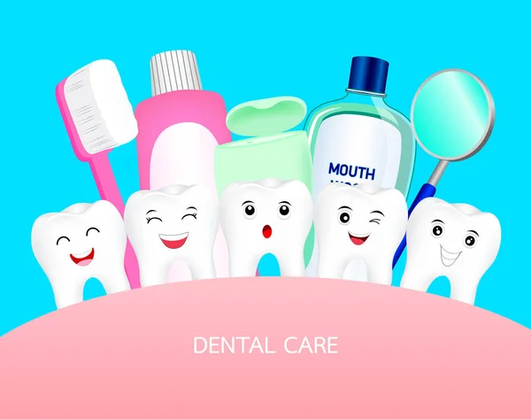 可爱的卡通牙齿与牙科工具愉快 牙科护理的概念 在蓝色背景上隔离的插图 — 图库矢量图片