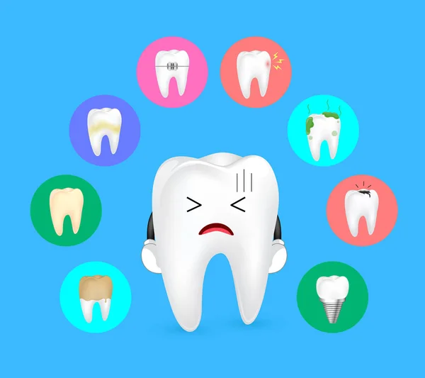 Ząb Ładny Kreskówka Problemem Zębów Zestaw Ikon Ilustracja Białym Tle — Wektor stockowy