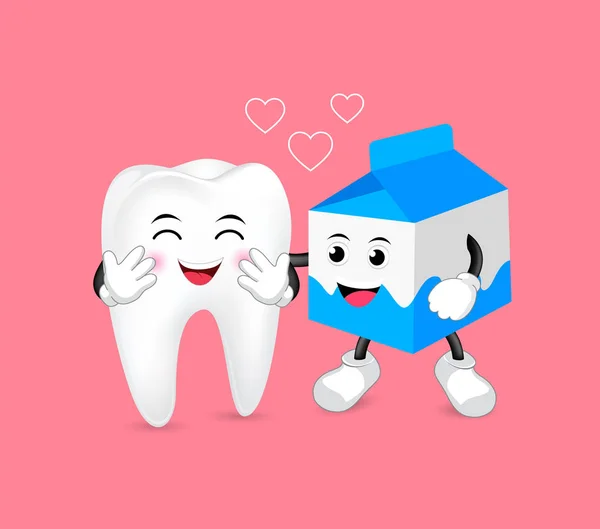 可爱的卡通牙齿盒牛奶 永远的朋友 牙科护理的概念 好饮料为您的牙 在粉红色背景上隔离的插图 — 图库矢量图片
