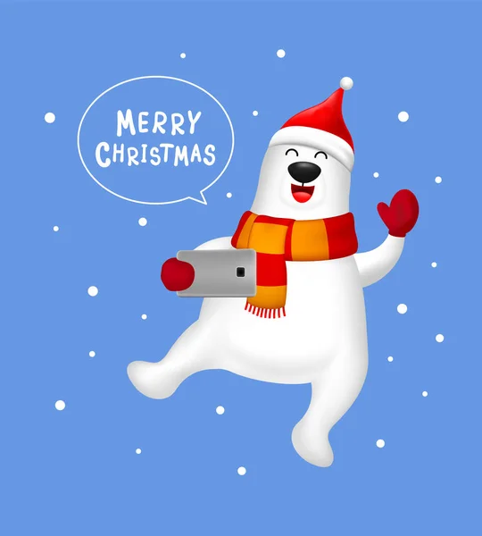 Biały Niedźwiedź Szalikiem Robi Selfie Śnieżnym Tłem Wesołych Świąt Szczęśliwego — Wektor stockowy