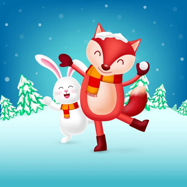 Lustige Zeichentrickfiguren Mit Schnee Kaninchen Und Fuchs Frohe Weihnachten Und — Stockvektor