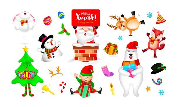 Sada Vánočních Postav Design Santa Claus Sněhulák Sobi Elf Vánoční — Stockový vektor