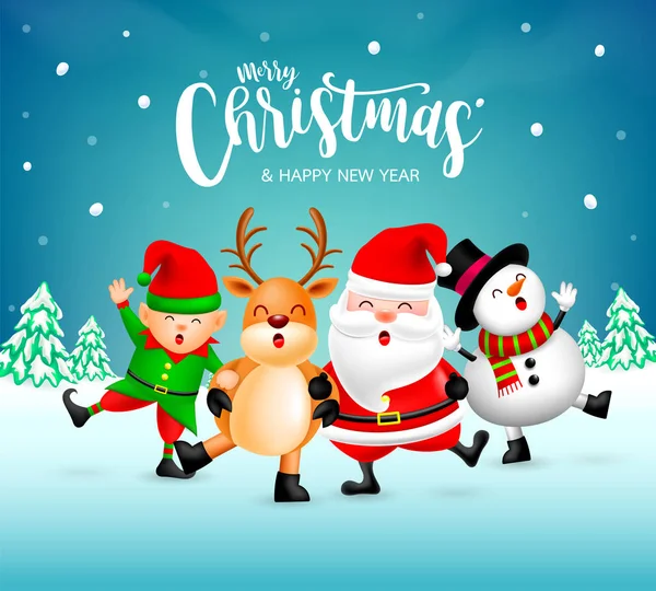 Kar altyapısı, Noel Baba, Kardan Adam, Elf ve Ren Geyiği üzerine komik Noel Karakterleri tasarımı. Mutlu Noeller ve mutlu yıllar konsepti. Vektör illüstrasyonu kış manzarası arka planında izole edildi.