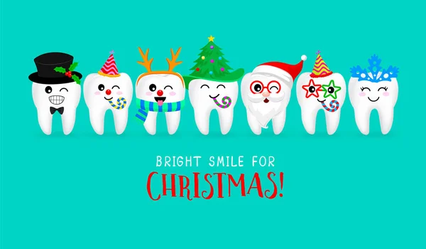 Bir dizi Noel dişli karakter. Duyguların yüz ifadeleri. Komik diş bakımı konsepti. Vektör illüstrasyonu yeşil arkaplanda izole edildi.