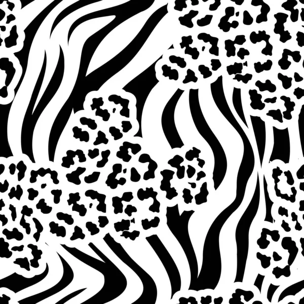 Zebra Und Leopardenmuster Mischen Sich Schwarz Weißer Nahtloser Hintergrund Wild — Stockvektor
