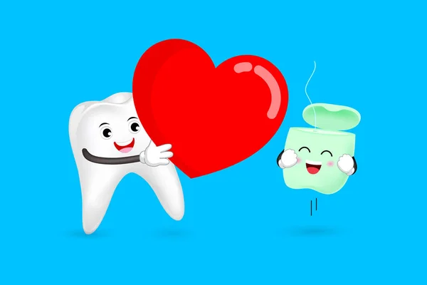 Tooth Character Big Red Heart Dental Floss Happy Valentine Day — Stock Vector