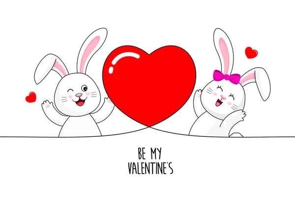 Cute Cartoon White Rabbits Heart Shape Happy Valentine Day Cartoon — Stock Vector