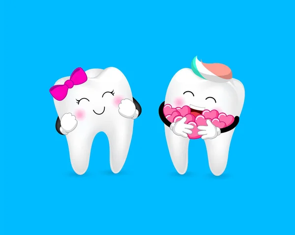 Cute Cartoon Tooth Character Heart Couple Love Valentine Day Concept — 스톡 벡터