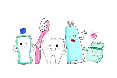Diş fırçası, diş fırçası, diş macunu ve diş ipi olan sevimli bir çizgi film karakteri. Diş bakımı konsepti. Vektör illüstrasyonu beyaz arkaplanda izole edildi.