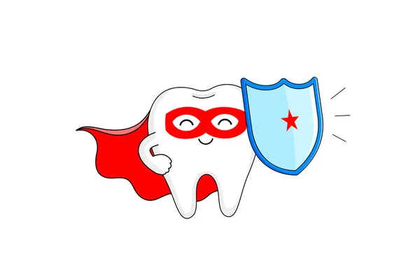 Niedlichen Zeichentrick Superhelden Zahn Charakter Design Zahnärztliches Pflegekonzept Vektor Illustration — Stockvektor