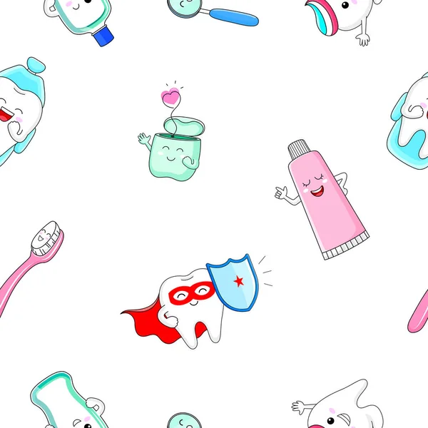 卡通人物卡通人物与牙齿护理设备 无缝图案 牙科护理的概念 在白色背景上孤立的向量图 — 图库矢量图片