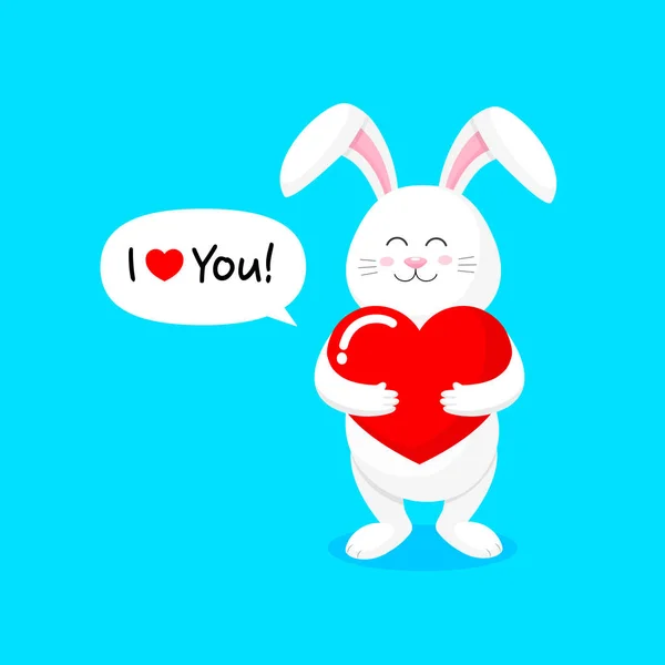 愛の心を持つかわいい漫画白いウサギ ハッピーバレンタインデー 漫画のキャラクターデザイン 青の背景に独立したベクターイラスト — ストックベクタ