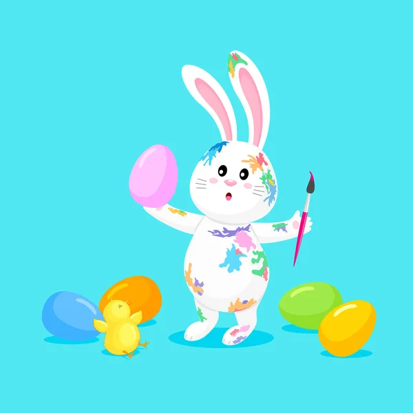 White Rabbit Painting Easter Eggs Cute Bunny Cartoon Character Design — 스톡 벡터